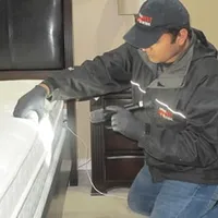 Bed bug inspection technician checking a mattress and bed frame for signs of infestation in Pittsburgh, PA